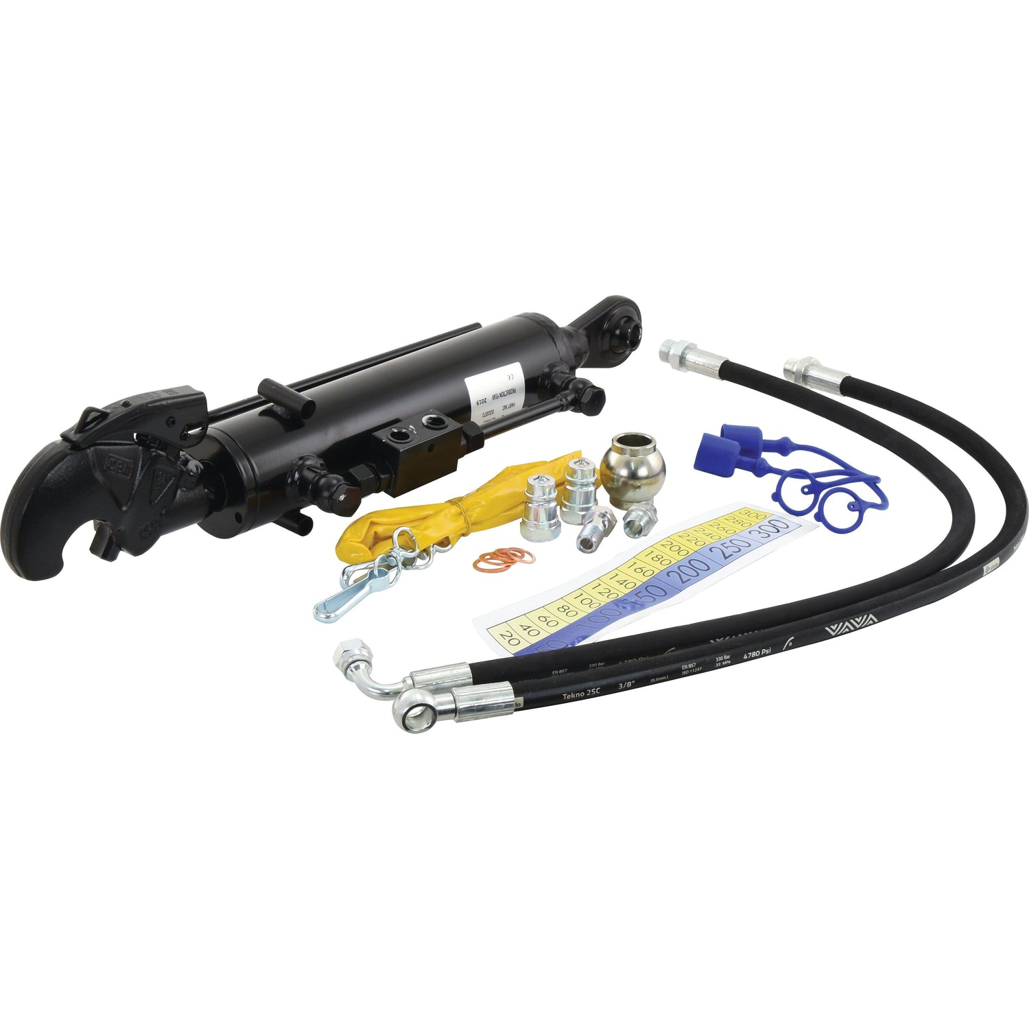 A Sparex Hydraulic Top Link (Cat.1/2) Ball and Q.R CBM Hook, Cylinder Bore: 70mm, Min. Length : 550mm (Sparex Part No.S.331071) repair kit with various components including hoses, connectors, a wrench, gaskets, a tape measure, and a check valve for reliable tractor end maintenance.