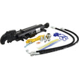 A Sparex Hydraulic Top Link (Cat.1/2) Ball and Q.R CBM Hook, Cylinder Bore: 70mm, Min. Length : 550mm (Sparex Part No.S.331071) repair kit with various components including hoses, connectors, a wrench, gaskets, a tape measure, and a check valve for reliable tractor end maintenance.