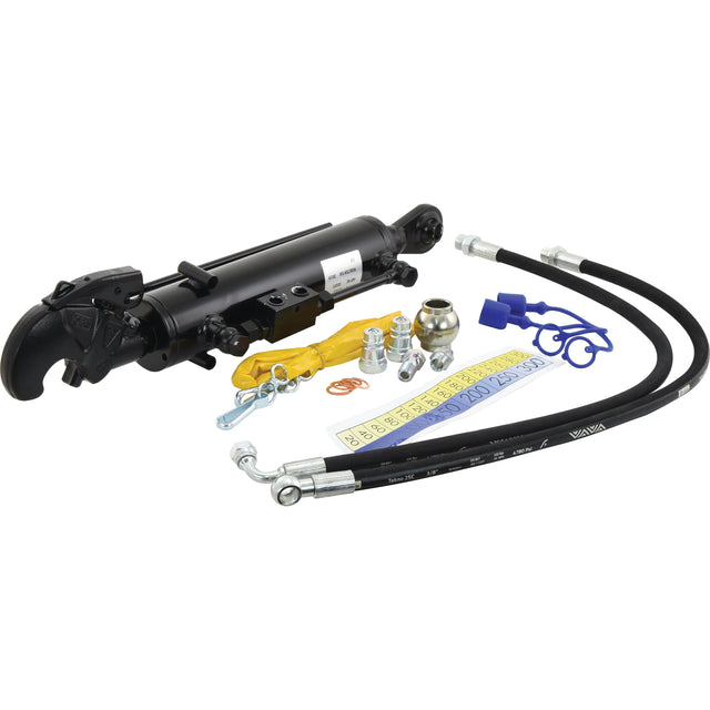 A Sparex Hydraulic Top Link (Cat.1/2) Ball and Q.R CBM Hook, Cylinder Bore: 70mm, Min. Length : 550mm (Sparex Part No.S.331071) repair kit with various components including hoses, connectors, a wrench, gaskets, a tape measure, and a check valve for reliable tractor end maintenance.