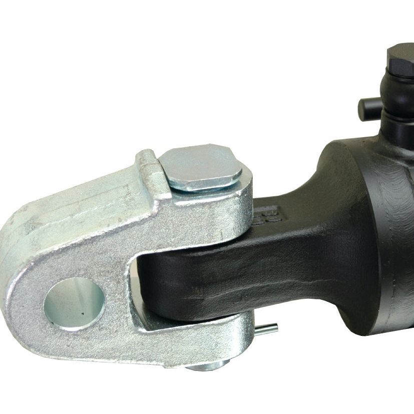 Close-up of a heavy-duty mechanical component, featuring the Sparex Hydraulic Top Link (Cat.28mm/3) Knuckle and Q.R CBM Hook secured to a black cylindrical part with a 90mm cylinder bore. This robust setup, with a minimum length of 690mm (Sparex Part No.S.399733), is likely critical for applications involving tractor end connections in industrial or automotive machinery.