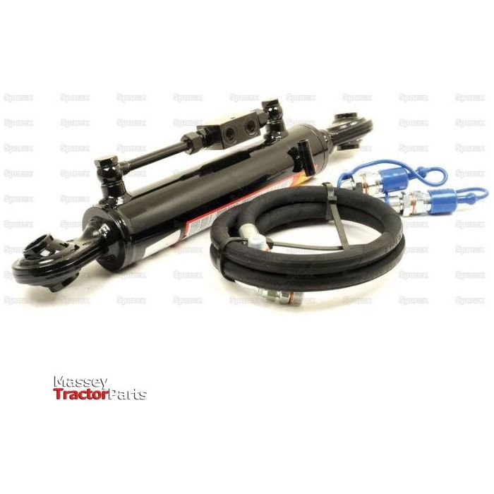 A black hydraulic top link for a tractor, featuring a check valve and accompanied by hoses and connectors, set against a white background with the text "Massey Tractor Parts." This product is the Sparex Hydraulic Top Link (Cat.2/2), Ball and Ball, Cylinder Bore: 70mm, Min. Length: 700mm | Sparex Part No. S.331011.