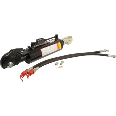 A Sparex Hydraulic Top Link (Cat.3/2) Knuckle and Q.R CBM Hook, featuring a 63mm cylinder bore and a minimum length of 660mm, with attached cables, metal connectors, and a label on the cylinder body, designed for tractor applications. (Sparex Part No.S.399862)