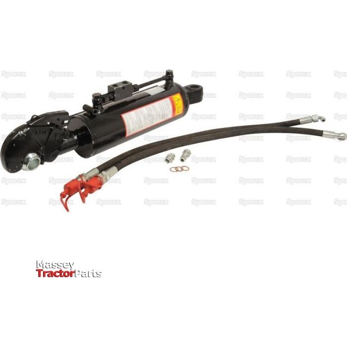 The Sparex Hydraulic Top Link (Cat.-3) and Q.R CBM Hook, with a cylinder bore of 90mm and a minimum length of 500mm—Sparex Part No. S.56800—is displayed on a white background. This black hydraulic pump includes two attached hoses, additional small fittings, and a check valve, making it ideal for tractor implement systems.