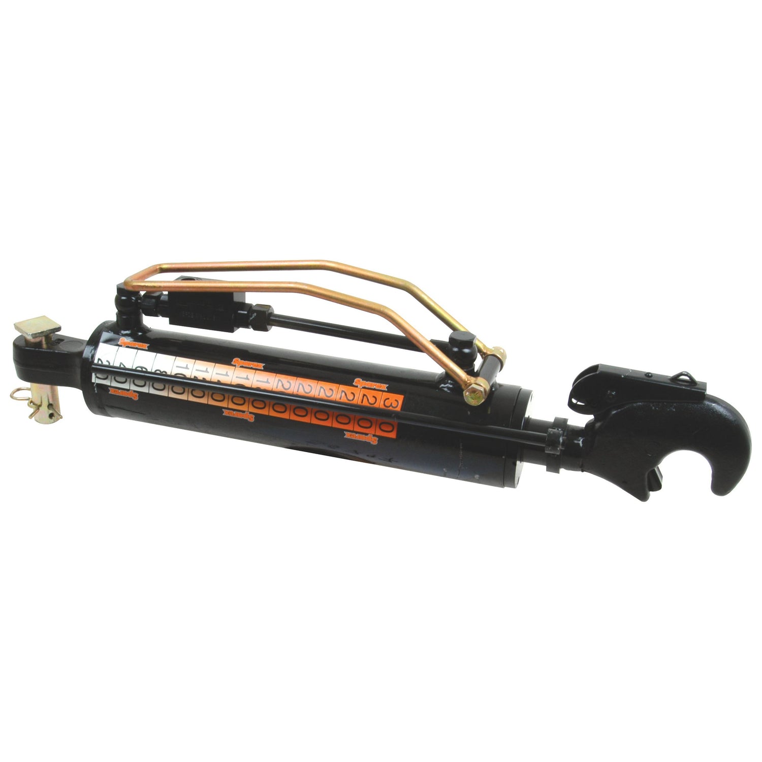 A Hydraulic Top Link (Cat.-/3) and Q.R CBM Hook, featuring a 90mm cylinder bore and a minimum length of 500mm, equipped with an attached handle for manual operation—a vital Sparex accessory for any tractor implement.
