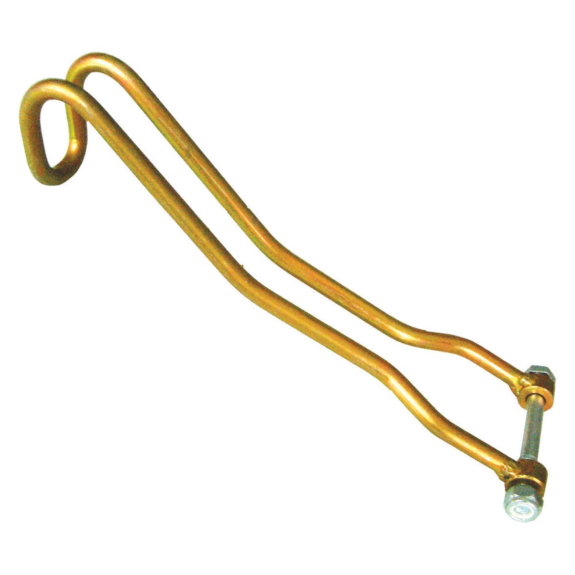 A gold-toned metal bracket with two parallel, curved bars connected by a bolt at one end, designed to fit John Deere equipment, described as the Hydraulic Top Link Handle 310mm (Sparex Part No.S.39966) by Sparex.