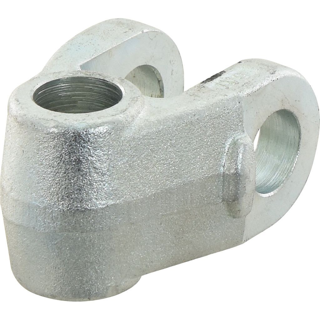 A Top Link Knuckle End - Cat. 28mm (Sparex Part No. S.10289) from Sparex, featuring threaded and unthreaded holes, including a 28mm fixing hole and an overall length of 120mm, designed for mechanical connections in automotive suspension or steering systems.