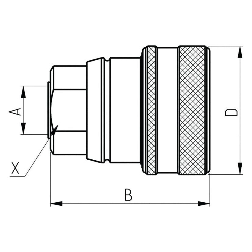 Black and white technical drawing of a cylindrical mechanical part, identified as a Sparex Hydraulic Trailer Brake Coupling Female M18 x 1.50 Metric Female Thread (Agripak 1 pc.) | Sparex Part No.S.28314, with measurements labeled A, B, C, D, and X. The part features threaded sections and knurled surfaces, crafted from carbon steel for enhanced durability.