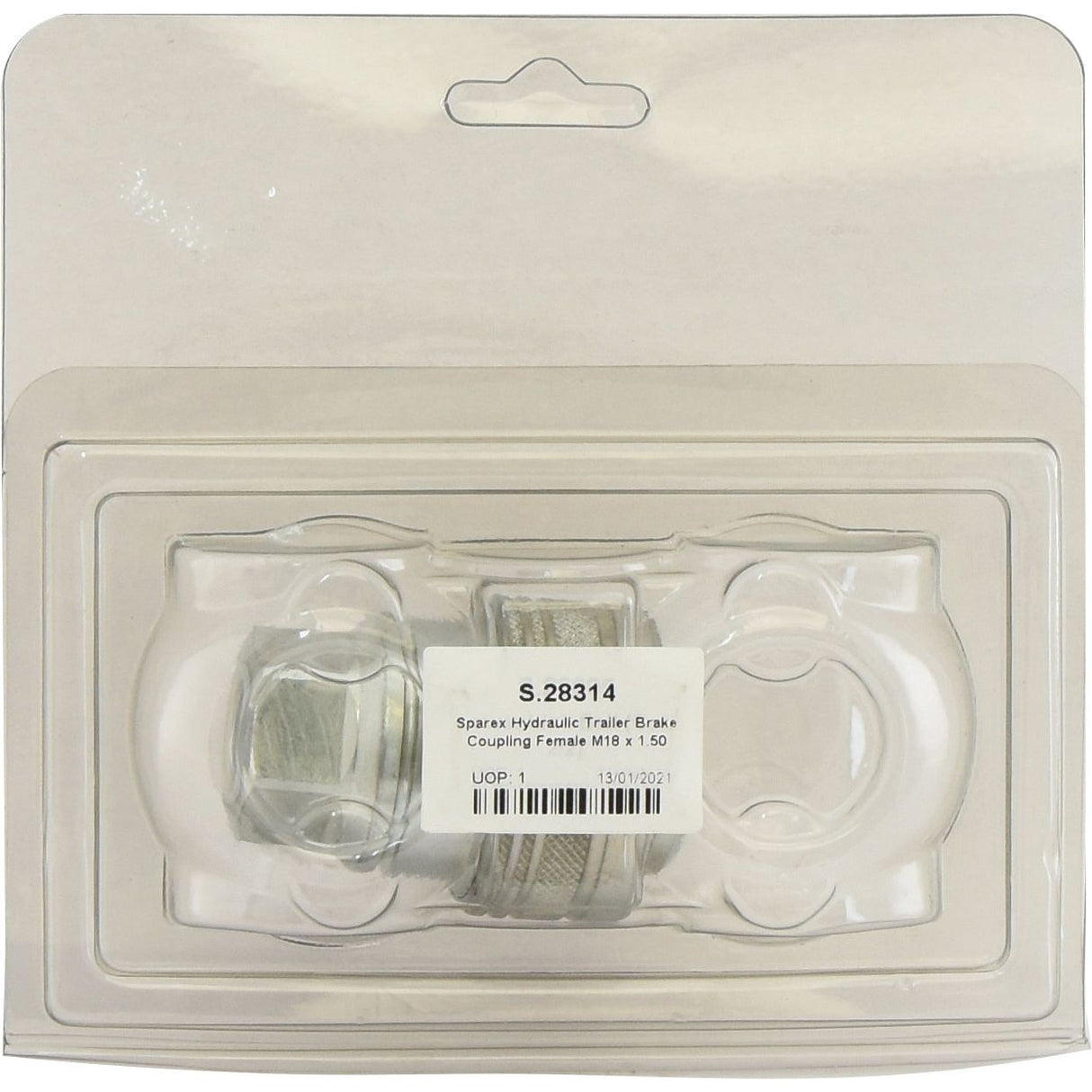 The clear plastic packaging contains a Sparex Hydraulic Trailer Brake Coupling Female M18 x 1.50 Metric Female Thread, made of durable carbon steel, part number S.28314 from Sparex.