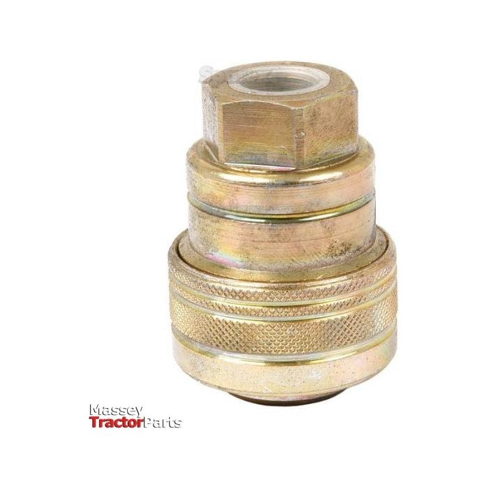 Description: Sparex Hydraulic Trailer Brake Coupling featuring a threaded connection, knurled grip, and hexagonal top. Displayed against a white background with the text "Massey Tractor Parts". It includes an M18 x 1.50 Metric Female Thread for precise fitting. (Agripak 1 pc.) | Sparex Part No.S.28312