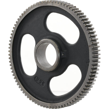 A circular metal idler gear with three large cut-out sections and evenly spaced teeth around its edge, suitable for information on the Perkins Build List or Sparex components. Product Name: Idler Gear - S.40523, Brand Name: Sparex.