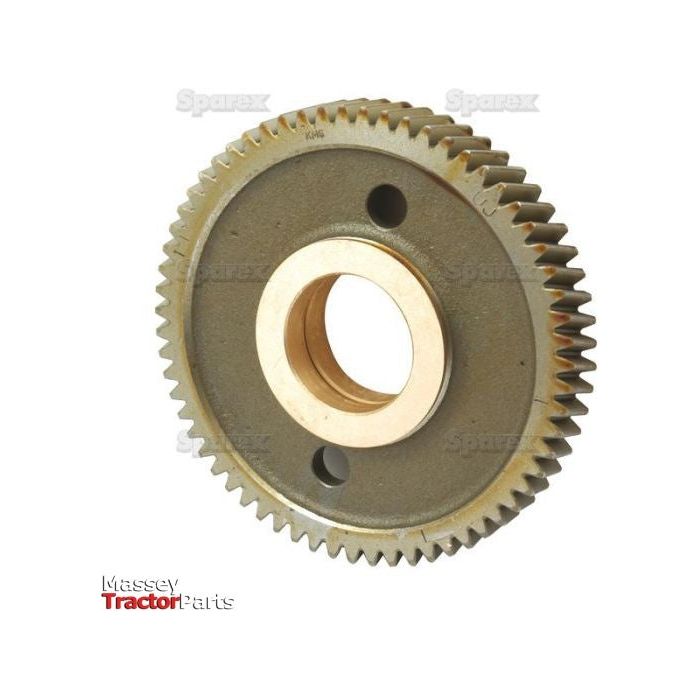 A metal idler gear (Product Name: Idler Gear - S.40526) from Sparex, designed with 63 evenly spaced teeth, features a central hole and two smaller holes near the edge. The text on the image reads "Sparex" and "Massey Tractor Parts.