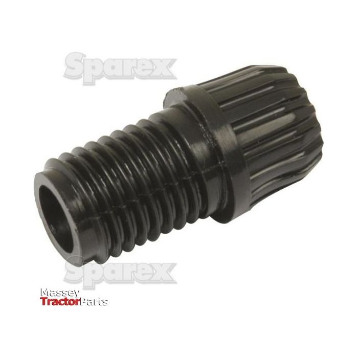 Close-up image of a black, ribbed, threaded plastic fitting with the brand name Sparex faintly visible in the background. The fitting is compatible with Massey Ferguson models, specifically noted for applications involving the S.42377 Coil and is identified as Ignition Coil Acorn | Sparex Part No.S.43579.