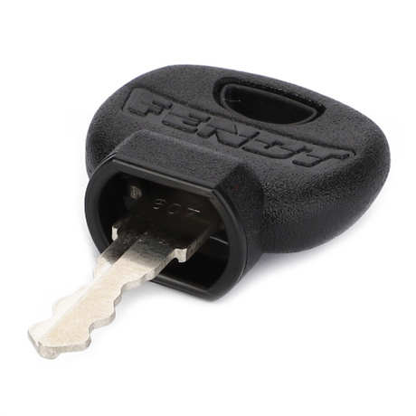 A close-up of the Fendt - Ignition Key - F210902020010 by AGCO, featuring a black plastic head marked with "Fendt" and a single blade with an irregular cut pattern, resembling those used in Fendt Vario tractor models.