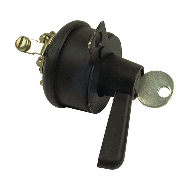 Introducing the Ignition & Light Switch (Sparex Part No. S.66386) by Sparex: a black ignition switch with a key inserted, featuring several metallic terminals on the rear side, reminiscent of the reliable components seen in Ford New Holland machinery.