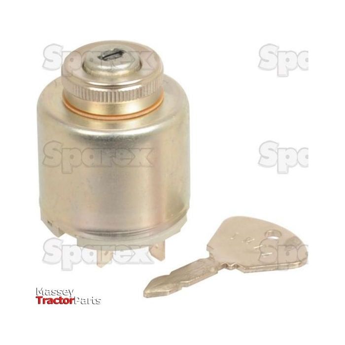 Introducing the Ignition Switch | Sparex Part No.S.42805: a cylindrical, metal ignition switch with a threaded top and a key that features standard cuts. The key's background subtly displays the "Sparex" logo multiple times, ensuring brand authenticity. Compatible with Landini equipment, this ignition switch guarantees reliable performance for all your machinery needs.