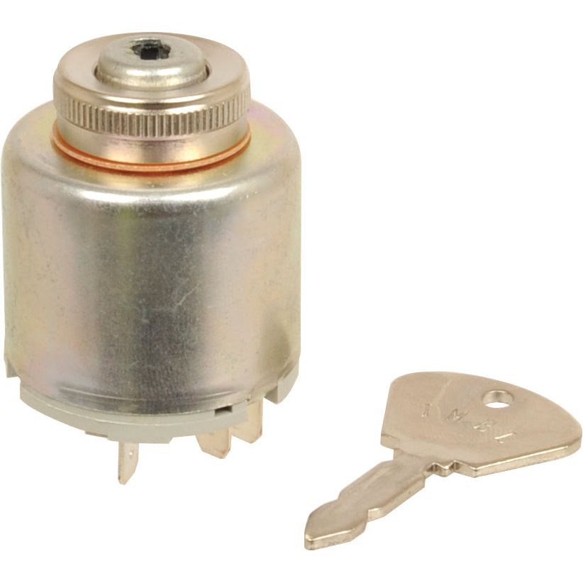 The Sparex Ignition Switch (Part No. S.56239) features a cylindrical body with a metallic finish, three electrical prongs, and comes with a small key, making it suitable for Landini and Massey Ferguson machinery.