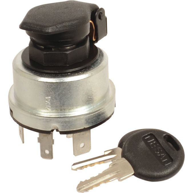 An Ignition Switch by Sparex (Part No. S.56240), featuring three electrical terminals and compatible with Case IH, is pictured alongside a key.