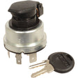An Ignition Switch (Sparex Part No.S.56240) from Sparex, which features a metal body with four prongs and includes a removable black plastic key, along with an additional Sparex key that has a metal blade.