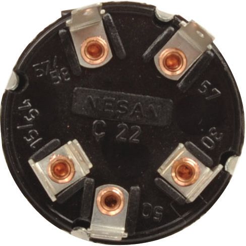 Close-up view of the back of a black, circular five-pin electrical relay with the text "NESAM C 22" inscribed in the center, commonly used as part of the Sparex Ignition Switch (Part No. S.56240) for Case IH machinery.