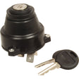 A Sparex Ignition Switch (Sparex Part No. S.61024) with a matching black key placed next to it, featuring twin connector blades and 4 terminals, isolated on a white background.