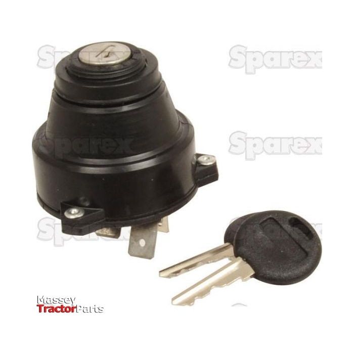 A black ignition switch branded with the "Sparex" logo and a matching key, both part of the Ignition Switch (Sparex Part No. S.61024), sit on a white background. The "Massey Tractor Parts" logo is visible in the bottom left corner. This product features twin connector blades and 4 terminals for versatile compatibility.