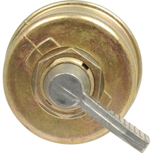 Close-up of a brass deadbolt lock cylinder with a silver key partially turned, resembling the precision needed for the Ignition Switch (Sparex Part No. S.62278) on a tractor.