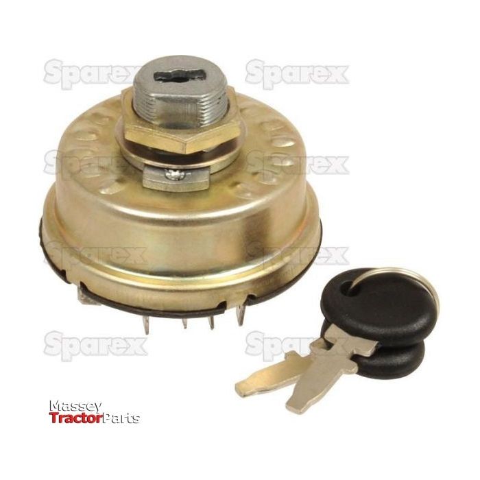 The Ignition Switch | Sparex Part No.S.62279, manufactured by Sparex, showcases a metal circular design with a central keyhole. It comes with two keys on a keyring. The background features faint "Sparex" branding on white.