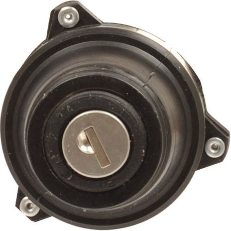 The Sparex Ignition Switch (Part No. S.75817) features a round keyhole design, enclosed within a black plastic housing and secured by three visible screws, making it compatible with John Deere machinery.