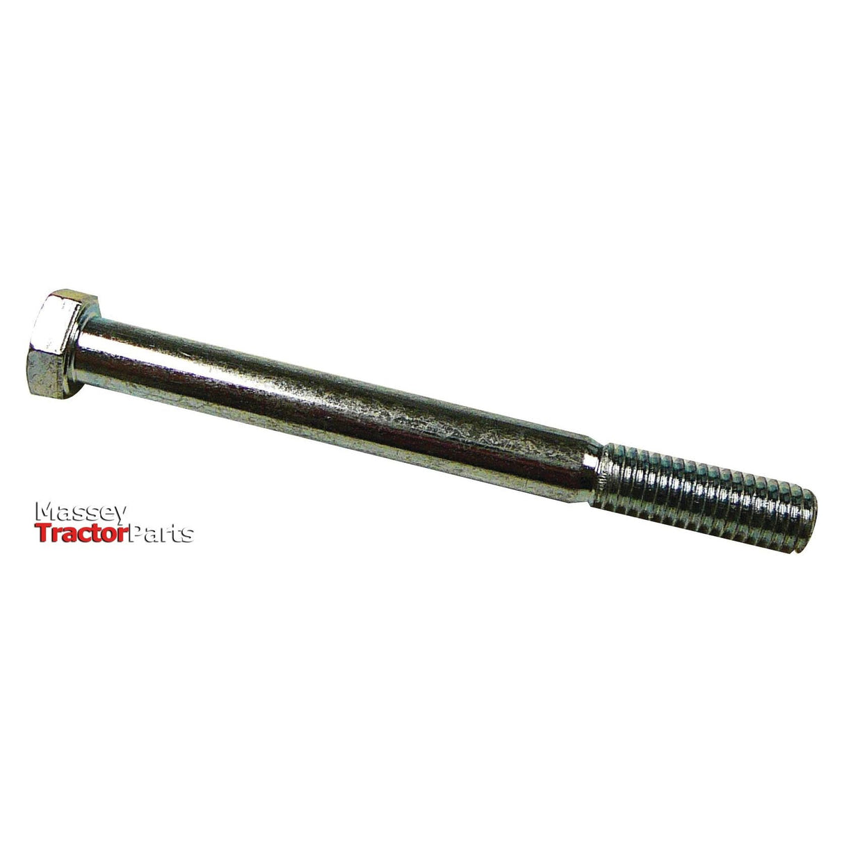 Image of a zinc-plated metal hex bolt with a threaded end, positioned diagonally, with the words "Massey Tractor Parts" in the bottom left corner. This Sparex Imperial Bolt (3/8"x4" UNC, ASME B18.2.1) demonstrates impressive durability and precision with its 8.8 tensile strength rating (Sparex Part No. S.53763).