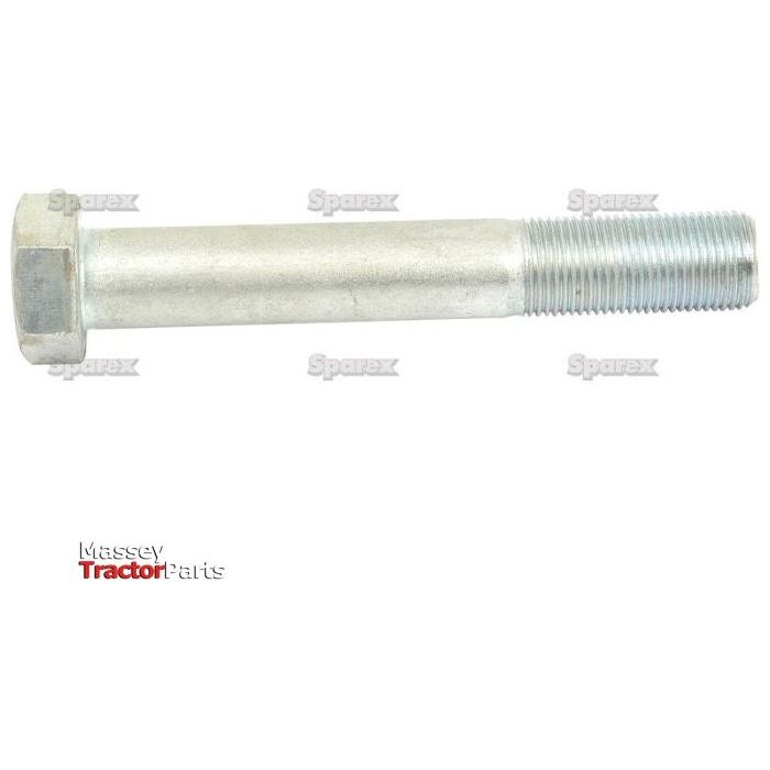 A 5/8''x8'' UNF Imperial Bolt with a zinc-plated silver finish and a partially threaded shaft is displayed on a white background. The words "Massey Tractor Parts" and "Sparex" are faintly visible, indicating it meets ASME B18.2.1 standards for Imperial bolts (Sparex Part No.S.53804).