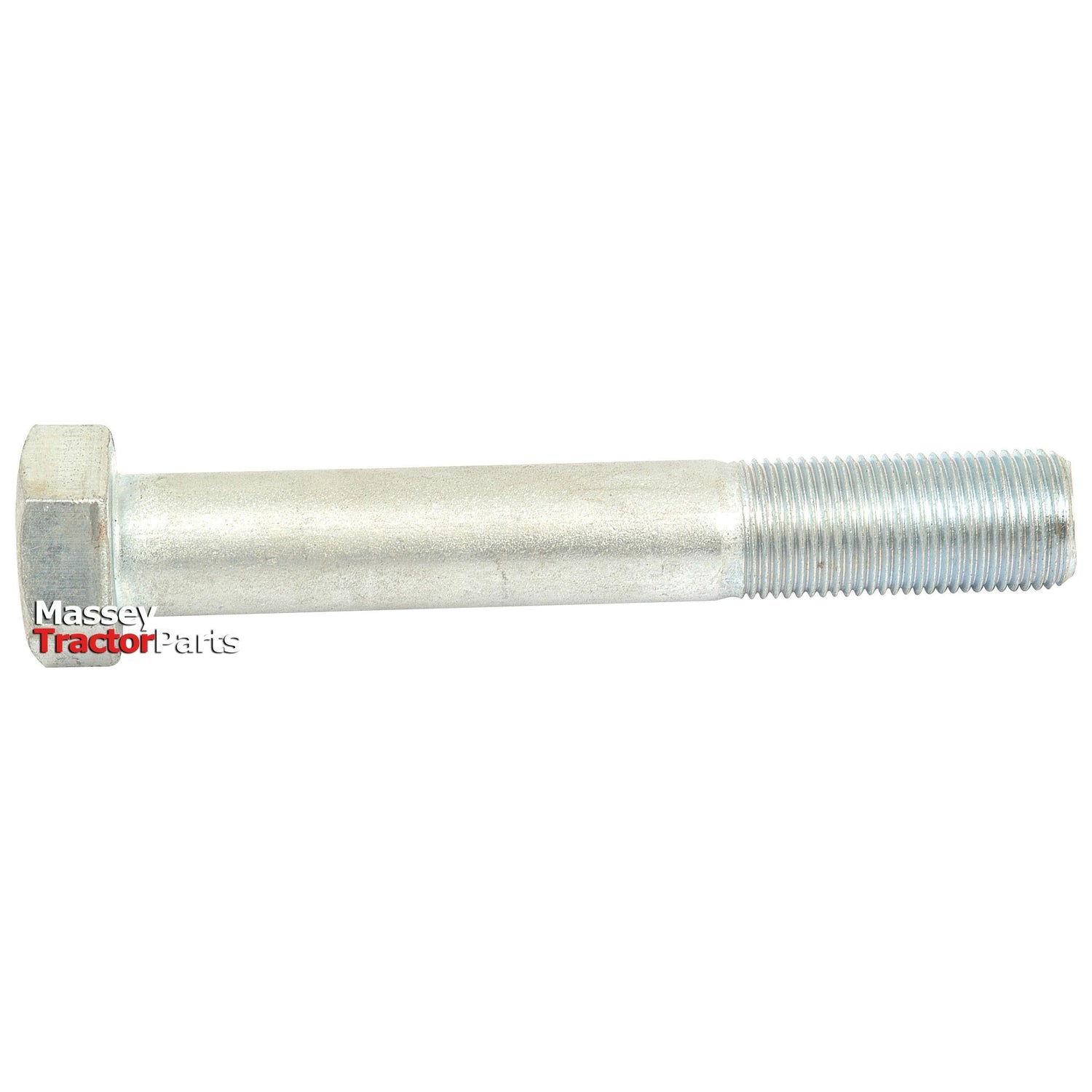 An Imperial Bolt measuring 5/8''x2'' UNF (ASME B18.2.1) with a tensile strength of 8.8 features a hexagonal metallic head and threading on one end, proudly displaying the "Massey Tractor Parts" logo in the lower-left corner. This Zinc Plated Sparex Part No.S.53800 bolt is designed for durability and reliability in various applications.