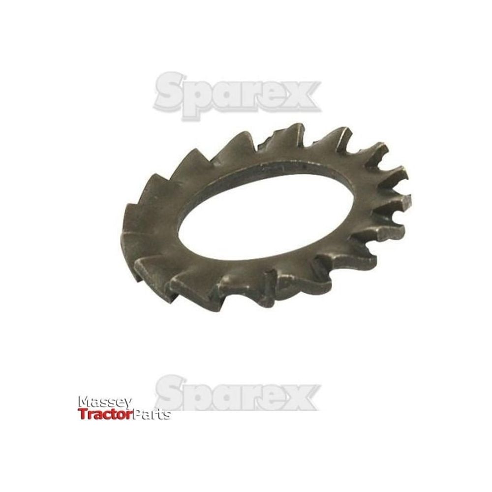 A metal serrated lock washer, referred to as the Imperial External Shakeproof Washer (DIN Standard No. DIN 6798A) 7/16'', with "Sparex Part No.S.5731" and "Massey Tractor Parts" logos in the background.