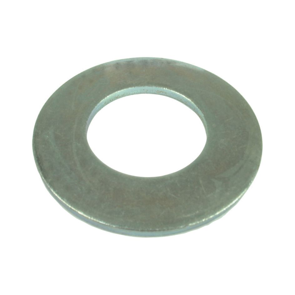 A Sparex Imperial Flat Washer (Sparex Part No. S.18304), zinc-plated and heavy-duty with a 1 3/4'' central hole, silver in color, meeting DIN 125A standards, commonly used in hardware applications.