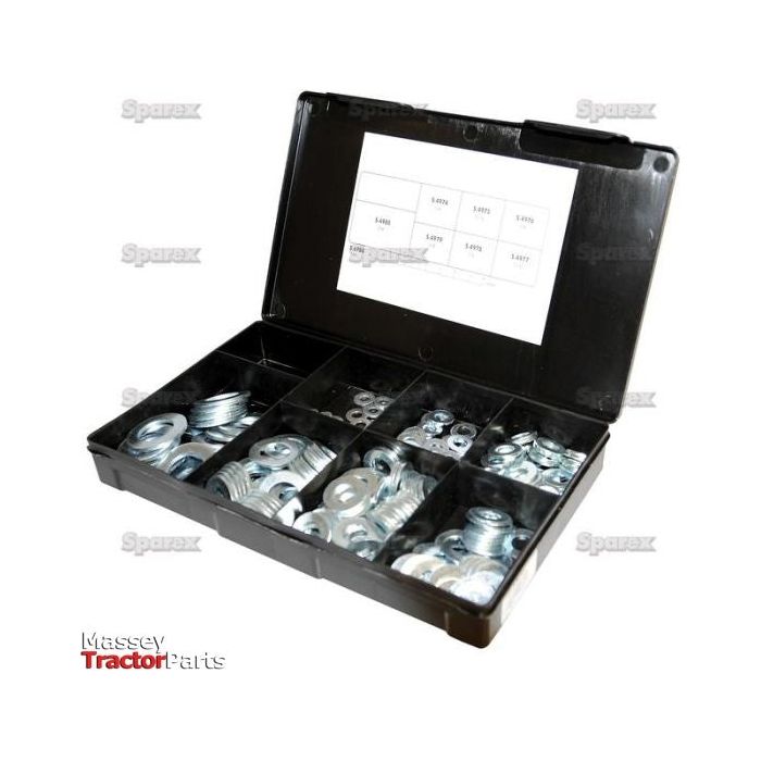 A Sparex black plastic Handipak organizer box, model S.6780, contains 300 imperial flat washers (DIN 125A) in various sizes ranging from 1/4 to 5/8 inches, with zinc-plated round metal washers arranged in separate compartments.
