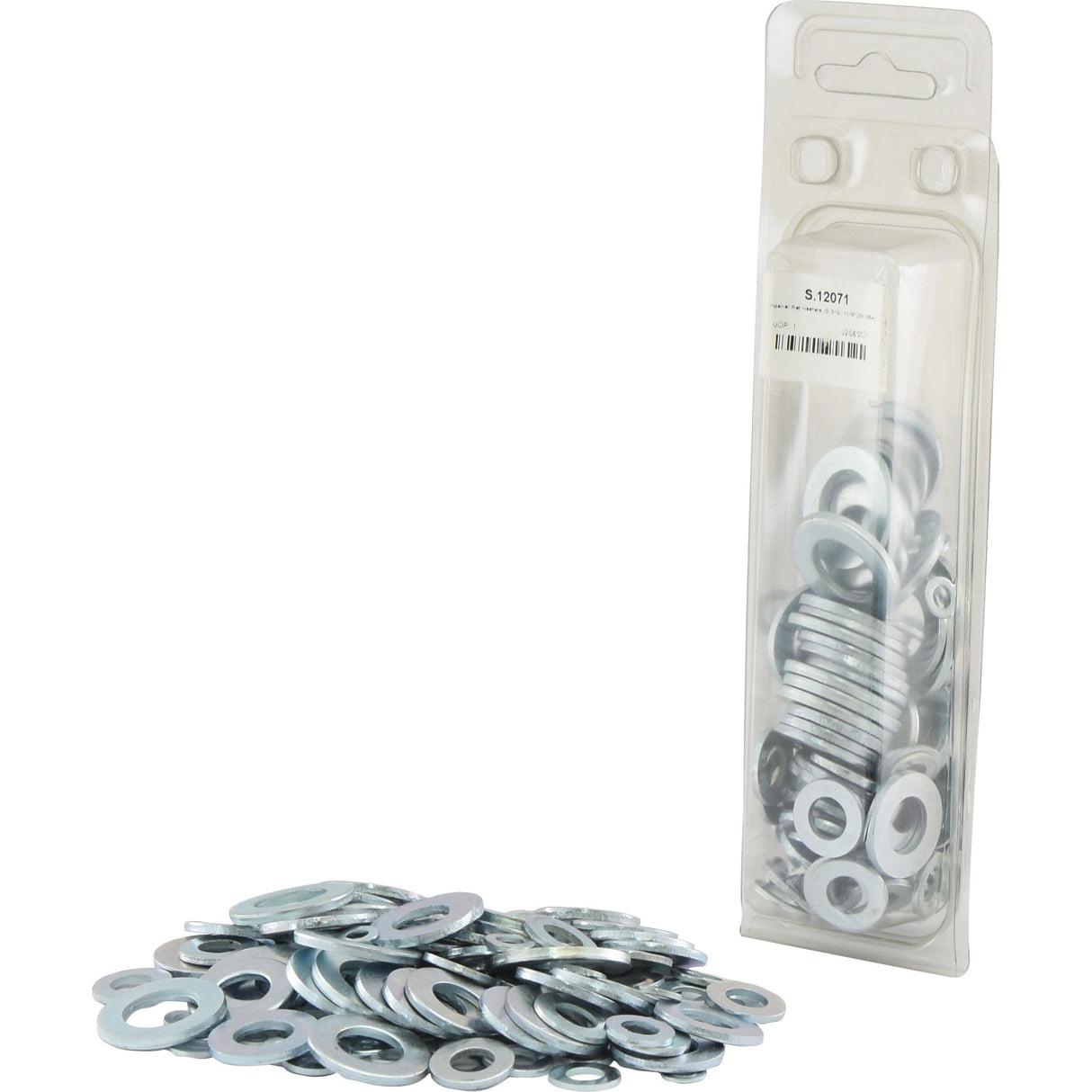 A pile of metal Imperial Flat Washers is next to a clear plastic package containing more washers, with a barcode and a label reading DIN 125A on the package, marked as Sparex Part No. S.12071.