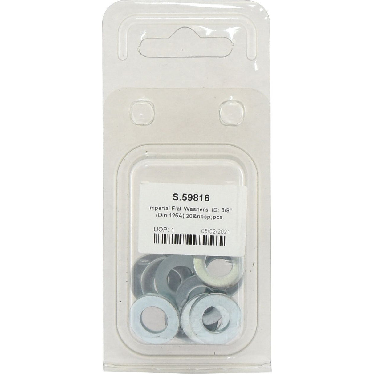 A plastic package contains several Sparex Agripak imperial flat washers with a 3/8" inner diameter, adhering to the DIN 125A standard. The label indicates 20 pieces, part number S.59816, and a date of 05/02/2021.