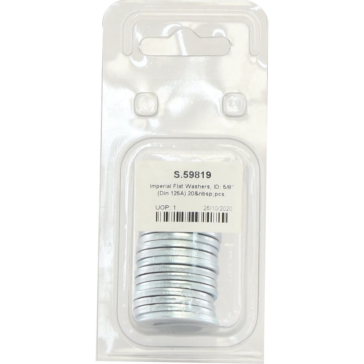 A plastic package containing a stack of zinc-plated flat washers, labeled as "Sparex Imperial Flat Washers, ID: 5/8'' (DIN | Standard No. DIN 125A) 20 pcs. Agripak | Sparex Part No.S.59819." The transparent packaging features a white label and barcode.