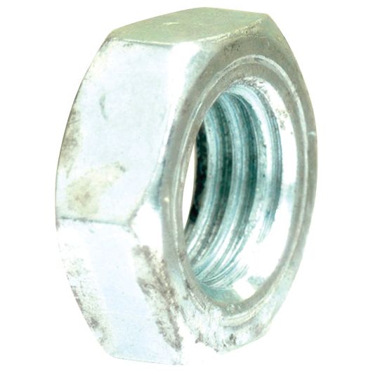 Close-up of a Sparex Imperial Half Lock Nut, size 5/16" UNC (DIN 439B), with visible threading, slightly tarnished and zinc plated.