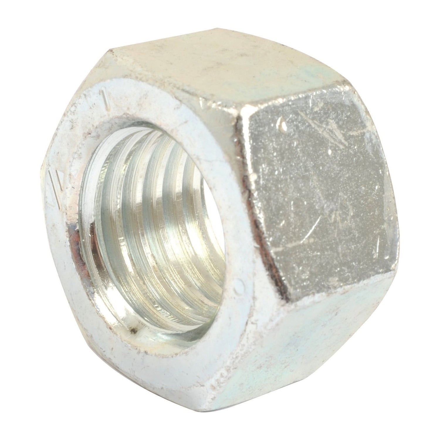 Close-up of a Sparex Imperial Hexagon Nut, Size 1'' UNC (DIN 934), displaying internal threading and a slightly weathered surface with tensile strength rating of 8.8.