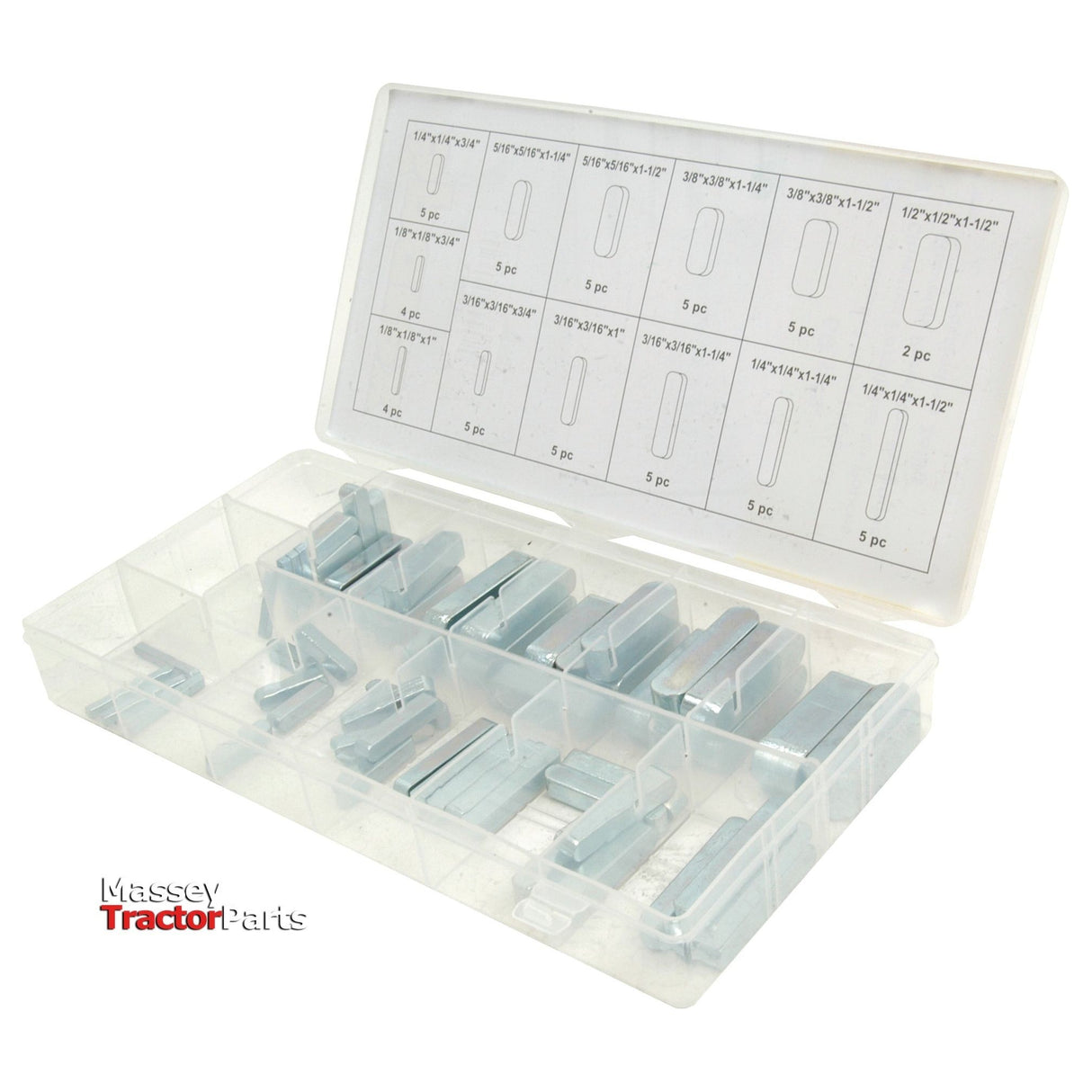 The Imperial Parallel Keys Assortment, comprising 60 pieces neatly organized in a plastic box with labeled compartments, features various metal keys in different sizes. The "Massey Tractor Parts" logo is located on the bottom left, and it includes Sparex Part No.S.29902 for seamless integration.