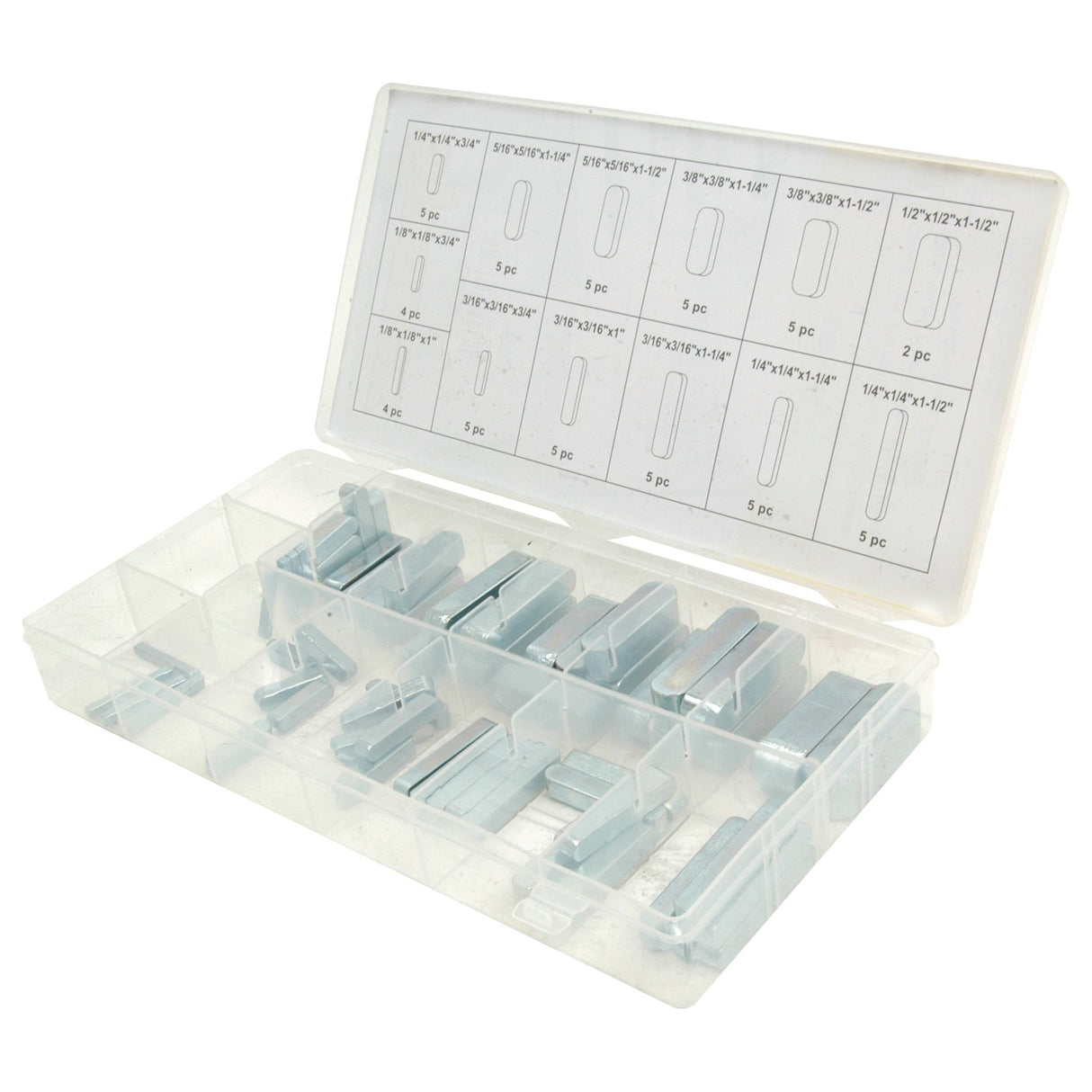 The Sparex Imperial Parallel Keys Assortment, 60 pcs. Compak (Part No. S.29902) is a plastic organizer box with multiple compartments containing key stock assortments of various sizes, and an Imperial size chart on the open lid.
