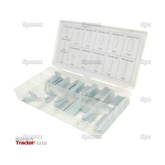 A transparent Compak plastic organizer box with multiple compartments containing metal parts, labeled as the Imperial Parallel Keys Assortment, 60 pcs. Compak | Sparex Part No. S.29902. The open lid displays a diagram and description of the contents, along with the Massey Tractor Parts logo and the Sparex brand name clearly visible.