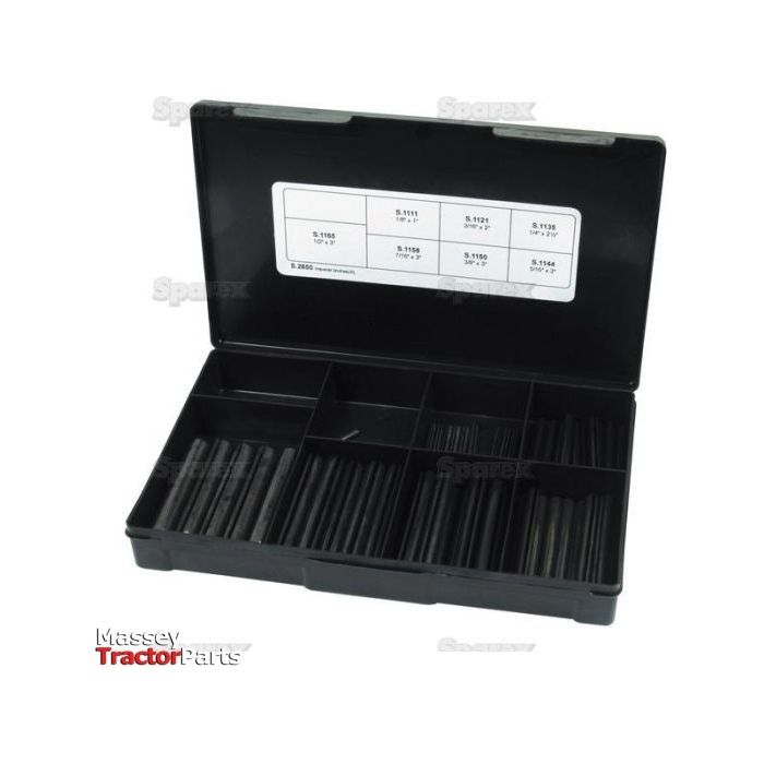 A Sparex black plastic organizer case, labeled as "Imperial Roll Pins - 1/8'' - 1/2'', 70 pcs. (Din: 1481) Handipak - S.2850," features various compartments containing metal dowel pins of different sizes. The case label lists parts, measurements, and detailed product specifications, with the Massey Tractor Parts logo visible in the bottom left corner.