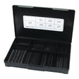 The Sparex Handipak (S.2850) is a black plastic storage case containing 70 organized black rods, ranging from 1/8'' to 1/2'', in various compartments. The inside of the lid features a label indicating different measurements and product specifications for Imperial Roll Pins (Din: 1481).