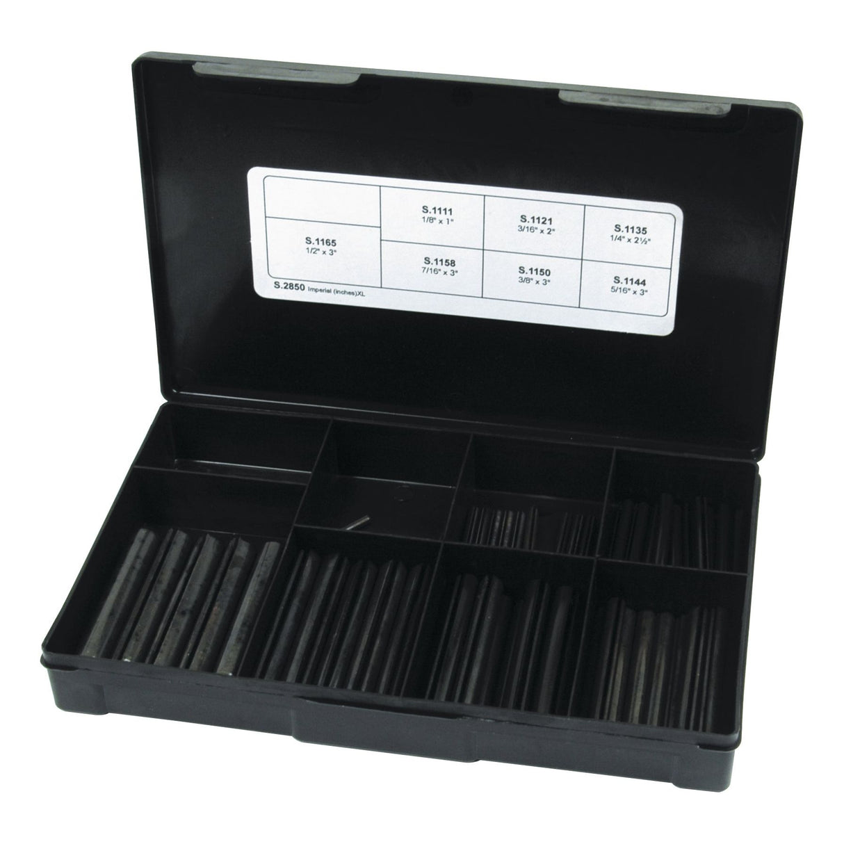 The Sparex Handipak (S.2850) is a black plastic storage case containing 70 organized black rods, ranging from 1/8'' to 1/2'', in various compartments. The inside of the lid features a label indicating different measurements and product specifications for Imperial Roll Pins (Din: 1481).