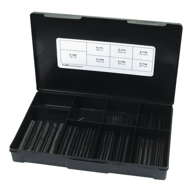 The Sparex Handipak (S.2850) is a black plastic storage case containing 70 organized black rods, ranging from 1/8'' to 1/2'', in various compartments. The inside of the lid features a label indicating different measurements and product specifications for Imperial Roll Pins (Din: 1481).