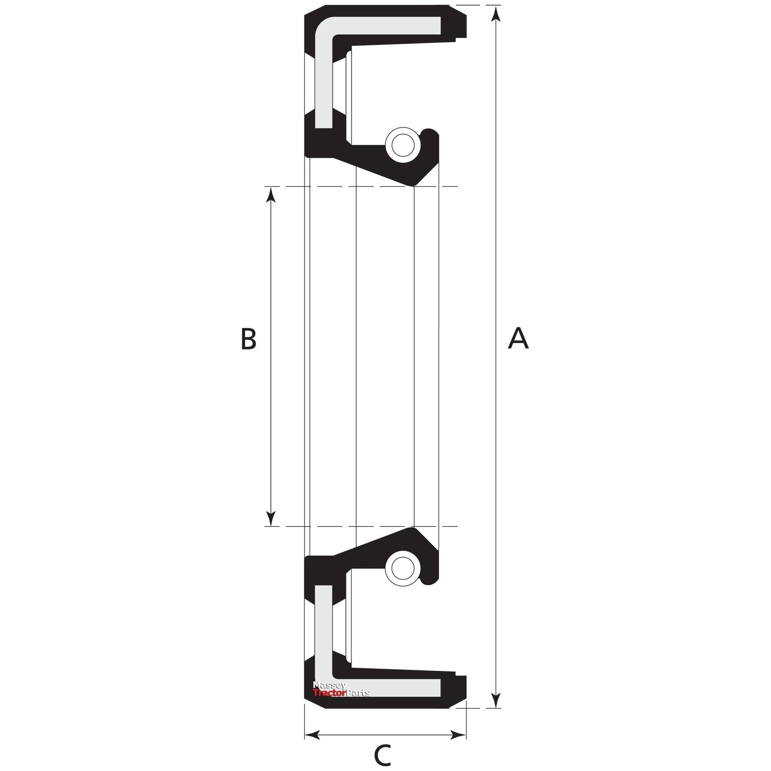 Cross-sectional diagram of a single-lip oil seal with labeled dimensions A, B, and C. The lips and metal case are indicated by black sections, and the rubber sealing elements are shown in white. Ideal for Sparex Imperial Rotary Shaft Seal (1 3/4'' x 2 1/4'' x 3/8'') used in Massey Ferguson machinery, specifically Sparex Part No.S.40741.