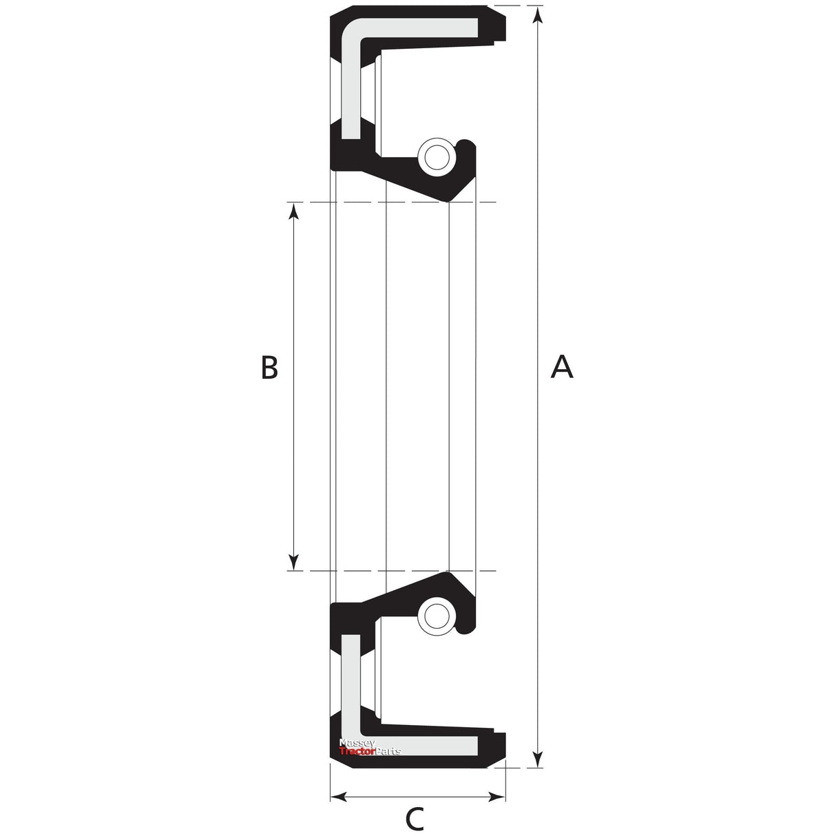 Cross-sectional diagram of a single-lip oil seal with labeled dimensions A, B, and C. The lips and metal case are indicated by black sections, and the rubber sealing elements are shown in white. Ideal for Sparex Imperial Rotary Shaft Seal (1 3/4'' x 2 1/4'' x 3/8'') used in Massey Ferguson machinery, specifically Sparex Part No.S.40741.