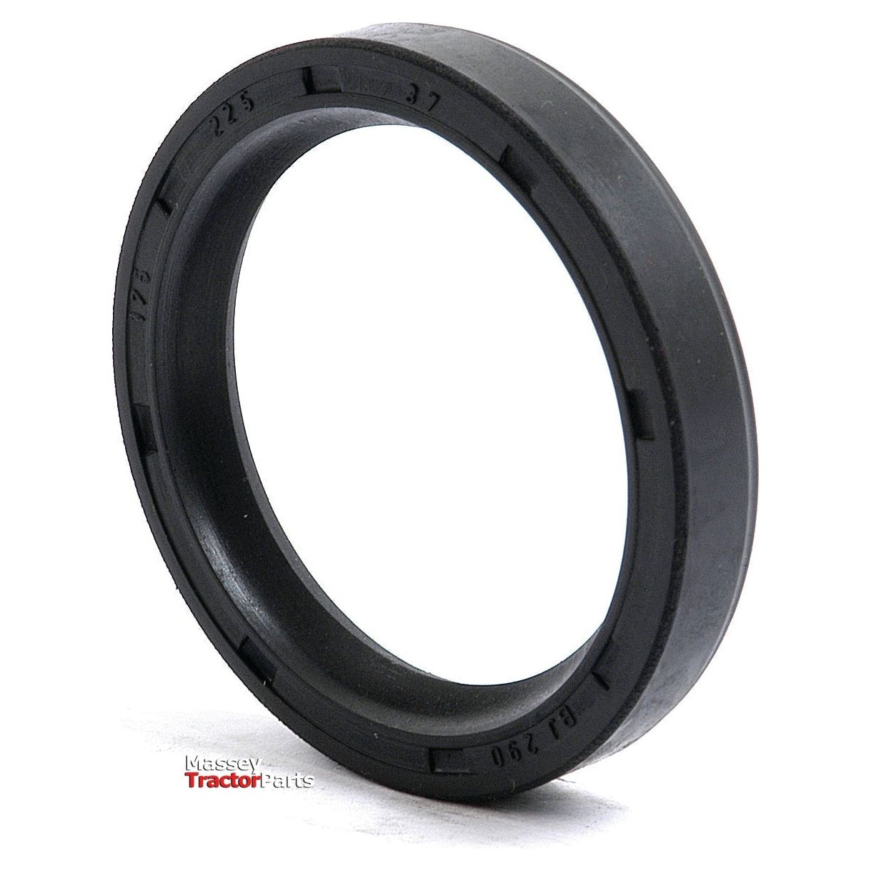 Close-up image of a black rubber tractor seal with numerical and alphabetical markings on the edge, placed against a white background with a "Massey Tractor Parts" logo. This single lip Imperial Rotary Shaft Seal, measuring 1 3/4'' x 2 1/4'' x 3/8'', is compatible with Massey Ferguson machinery and is identified by Sparex Part No. S.40741.