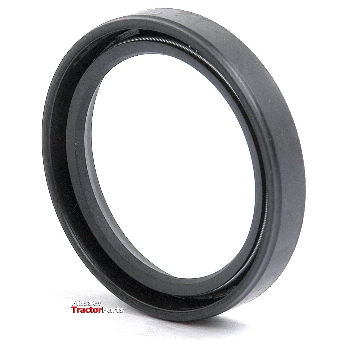 A black rubber seal in a circular shape, specifically the Sparex Imperial Rotary Shaft Seal (1 3/4'' x 2 1/4'' x 3/8'' Single Lip | Part No. S.40741), designed for use with Massey Ferguson tractors, is displayed on a white background featuring "Massey Tractor Parts" text in red and grey in the lower left corner.